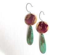 Oxidized brass metal with shades of pink and green verdigris.  Hang from oxidized sterling silver ear wires.  Measure ~ 1”x2.5”**shades of color will vary due to the patina process.  The product pictured is a sample of what you will receive.**Handmade in the USAssd jewelry ©️ 2018 Green Teardrop Brass Jewelry, Artisan Green Brass Earrings, Soldered Turquoise Brass Earrings, Turquoise Soldered Brass Earrings, Unique Multicolor Patina Jewelry, Unique Multicolor Jewelry With Patina, Artistic Copper Earrings With Patina, Artisan Drop Earrings With Patina, Artistic Metal Jewelry With Patina