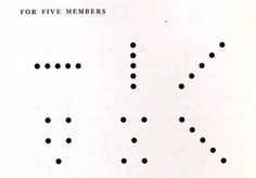 an old book with black dots on white paper and the words for five members written in it