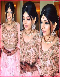 two beautiful women in pink dresses posing for the camera with their hair pulled back and makeup done