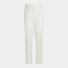 Elevate your look with these high-rise, off-white pants, regular fit with a straight leg. Features include flat front, zip fly, and a discreet after-dinner split for comfort. Chic White Bottoms With Pressed Crease, White Wide-leg Bottoms With Pressed Crease, Tailored White Pants With Pressed Crease, Modern White Formal Pants, White Pants With Pressed Crease For Work, White Straight Dress Pants With Pressed Crease, White Pressed Crease Pants For Work, White Dress Pants With Pressed Crease, White Dress Pants With Pressed Crease For Work