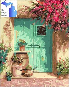 a painting of a blue door surrounded by potted plants and flowers on the side of a building