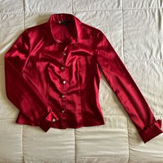 Nearly Brand New, Only Worn Once. Women’s Size 6 (Fits Like A Small). Faux Diamond Buttons Make A Pretty Glam Touch! Fitted Tops With Button Cuffs For Night Out, Elegant Fitted Blouse With Snap Buttons, Fitted Top With Button Closure For Party, Fitted Red Shirt For Party, Classic Fitted Red Top, Red Button Closure Party Shirt, Red Buttoned Party Tops, Fitted Red Tops With Snap Buttons, Red Fitted Top For Formal Occasions