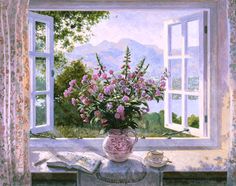 a painting of pink flowers in a vase on a window sill with an open book