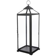 a black metal lantern with glass panels