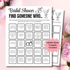 the bridal shower find someone who game is shown with pink flowers and peonies