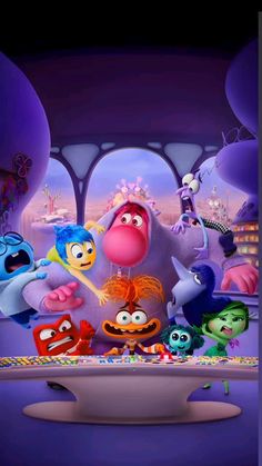 an animated cartoon scene with many different characters