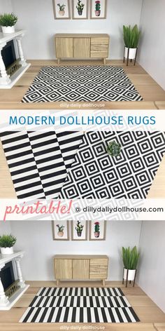 modern dollhouse rugs for the living room and dining room with black and white stripes