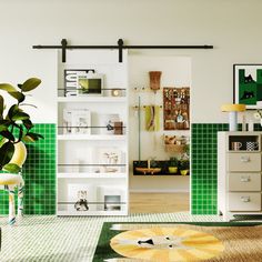 a living room with green tile walls and furniture in the center, along with a potted plant