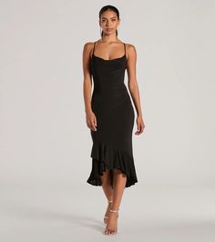 This sleeveless midi dress will be your favorite secret weapon for a chic look at parties or nights out! The spaghetti straps and cowl neckline accentuate your curves, while the bodycon fit flatters your figure. With an asymmetrical tiered ruffle midi-length hem, this dress is sure to make a statement. Complete the look in strappy block heels.Fit & FeaturesSmooth knit fabric lined with stretchy knitSpaghetti strapsCowl necklineBodycon fitRuffledRuns true to size Backless Dress Short, Short Graduation Dresses, White Dresses Graduation, Prom Dress Shoes, Formal Fashion, Formal Dresses With Sleeves, Black Ruffle Dress, Strappy Block Heels, Fishtail Dress