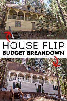 the before and after pictures of a house in the woods with text overlaying it