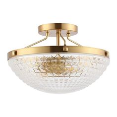 a semi flush ceiling light with an etched glass bowl and gold trimming on the bottom