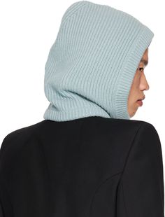 Rib knit boiled recycled cashmere- and wool-blend hood in blue. Supplier color: Pale blue Recycled Cashmere, Rick Owens Drkshdw, Knitted Hood, Rick Owens, Pale Blue, Hats For Men, Rib Knit, Wool Blend, Baseball Hats