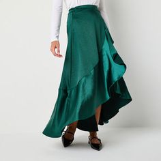 Amp up the glamor with this Ryegrass women's satin wrap skirt. Featuring a dramatic ruffled high low length and waist tie, you'll make a statement at the office or your next night out paired with a blouse or fitted top. Front Style: Flat FrontClosure Type: ButtonClosure Location: Right SideRise: High RiseApparel Length: 39 InchesFiber Content: 96% Polyester, 4% SpandexFabric Description: SatinLining: UnlinedSkirt Length: High Low LengthCare: Machine WashSkirt Type: Wrap SkirtsCountry of Origin:… Asymmetrical Hem Draped Ruffled Skirt For Party, Elegant High-low Hem Maxi Skirt For Party, Party Draped Skirt With Ruffled Asymmetrical Hem, Elegant Bottoms With Ruffles And High-low Hem, Summer Satin Tiered Skirt, Satin Asymmetrical Skirt With Lining, Elegant Asymmetrical Hem Maxi Skirt, Chic Green Ruffled Maxi Skirt, Satin Asymmetrical Lined Skirt