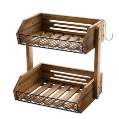 two wooden shelves with wire baskets on them