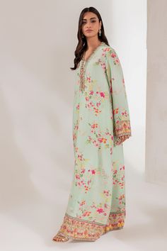 Spring Designer Maxi Dress, Designer Spring Maxi Dress, Eid Georgette Unstitched Kaftan, Green Embellished Straight Kurta Dress, Eid Unstitched Georgette Kaftan, Bollywood Sequin V-neck Dress, V-neck Salwar Kameez With Resham Embroidery For Eid, Eid Floral Embroidered Kaftan, Traditional Summer Kurta With Sequins