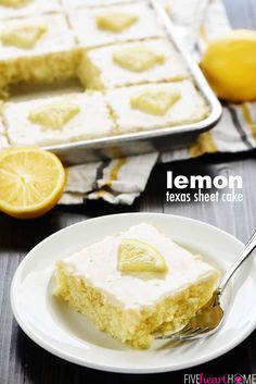 a lemon sheet cake on a plate with a fork