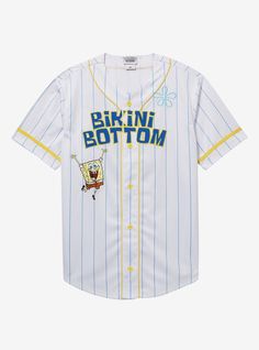 Gear up for the Fry Cook Games with the perfect top on! This SpongeBob SquarePants baseball jersey has a striped design with SpongeBob and "Bikini Bottom" on the front  plus his last name and "99" on the back.100% polyesterWash cold; dry lowImportedListed in men'sunisex sizes Summer Sports Tops With Contrast Stripes, Summer Sports Top With Contrast Stripes, White Vertical Stripes Top For Beach, White Baseball Collar Top For Summer, Casual Striped Tops For Baseball Season, White Summer Top With Baseball Collar, Casual White Baseball Jersey With Contrast Stripes, White Tops With Three Stripes And Baseball Collar, Casual Cotton Baseball Jersey With Three Stripes