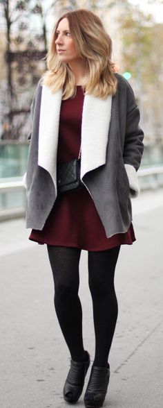 Dress with jacket winter outfit Jacket Winter Outfit, Winter Outfits For Women, Dress With Jacket, Great Fashion, Cute Winter Outfits, Outfits For Women, Current Fashion Trends, Shearling Jacket, Mode Fashion