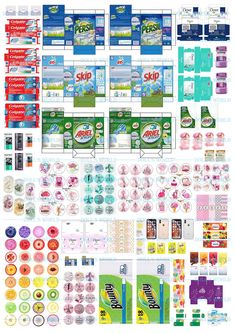 an assortment of various items and stickers for the product packaging design process, including washcloths, toilet paper, toothpaste and more