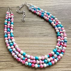 💞One of a kind & ready to ship💞  A fun confetti collection of blues and pink acrylic and glass beads.    This would also be great for a gender reveal party :)  16 inches plus a 4 inch extender chain.   *Smoke and pet free home!* I ship 6 days a week. This particular set is READY TO SHIP!  Thank you for browsing my store! Check out my other items to combine shipping. Cotton Candy Carnival, Pink Blue Gender Reveal, Blue Gender Reveal, Pink Acrylic, Bright Spring, Pink Acrylics, Reveal Party, Reveal Parties, Gender Reveal Party