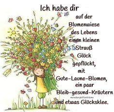 a person holding a bunch of flowers in front of a white background with german words