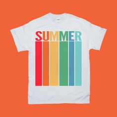 Summer | Retro Sunset | Stripes T-Shirts, Rainbow Stripes Summer Tee, Summer Vibes, Summer Lovers Shirt, Season Shirt This is an amazing soft-style t-shirt that is a staple in every wardrobe. Featuring a rolled forward shoulder, double sleeve needle, and bottom hems as well as a seamless double-needle collar, Gildan 64000 is extremely lightweight but durable. Your stunning designs will not go unnoticed on this crowd-pleaser shirt. THANKS FOR LOOKING! ☺ Want more funny, unique, and creative shirt Casual Cotton T-shirt For Summer Adventures, White Short Sleeve Shirt For Summer, Summer T-shirt With Sublimation Print And Relaxed Fit, Trendy Multicolor Summer T-shirt, Summer Cotton T-shirt With Relaxed Fit, Summer White Relaxed Fit Shirt, White Relaxed Fit Shirt For Summer, Relaxed Fit White Shirt For Summer, Cotton T-shirt For Summer Vacation