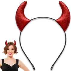 a woman wearing a red devil ears headband