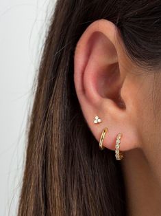 CZ Small Hoop Earrings Huggie Earrings Gold Huggie Hoops - Etsy Canada Ear With Three Piercings, Third Earings Piercings, Three Love Piercing, Third Piercing Earrings, Multiple Ear Piercings Aesthetic Gold, Ear Piercings Thirds, Three Earings Piercings, 3 Stud Ear Piercing, Small Earings Piercings