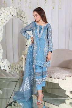 Dusty Turquoise | Pakistani Designer Outfit | Sarosh Salman Suit Stitching, Designer Outfit, Organza Sleeves, Sophisticated Bride, Embroidered Organza, Dresses Mermaid, Organza Dupatta, Pakistani Designers, Ball Gown Wedding Dress