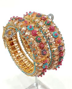 Openable Nauratan bangles pair Pakistani Bridal, Color Stone, Wedding Set, Jewelry Wedding, Wedding Jewelry Sets, Jewelry Sets, Pakistan, Multi Color, Bangles