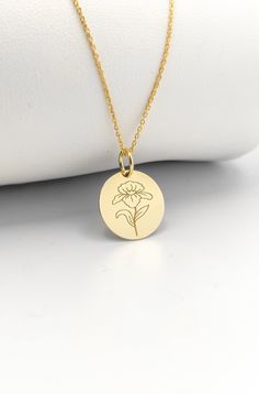 Welcome to ElegantGoldJewels, Find all the information you need about your charm: Material of pendant: 14K Solid Gold Stamp: 585 (14K) Thickness: 0.5mm Jumpring Diameter: 4mm The pendant is available in 6 sizes: - 15mm / 0.59 inches - 18mm / 0.70 inches - 20mm / 0.78 inches - 22mm / 0.86 inches - 24mm / 0.94 inches - 26mm / 1.02 inches - 28mm / 1.10 inches - 30mm / 1.18 inches Chains Information: Rolo Chain: -14K Real Gold - 0.70mm thick - Spring Ring Clasp - 16 inches / 40cm - 0.72 grams - 18 i Dainty Flower-shaped Engraved Charm Necklaces, Yellow Gold Round Charm Necklace With Flower Detail, Dainty Engraved Flower Charm Necklaces, Yellow Gold Flower Charm Necklaces, Yellow Gold Flower Necklaces With Charms, Yellow Gold Flower-shaped Necklaces With Charms, Dainty Engraved Flower Charm Necklace, Dainty Round Flower Necklace With Charm, Yellow Gold Flower-shaped Necklace With Charms