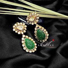 Moissanite and Green Hydro Emerald Polki Earring |Indian Moissanite Polki Earring|Indian Wedding Jewelry |Indian Jewelry|Traditional Earring Material : Silver Gemstone: Moissanite, Green Hydro Carved Emerald, Swarovski Stones Stone colour: Uncut Polki Primary colour: Gold Size-Length: 50mm Width: 25mm Closure : Screw back and Clips Silver Intricate, hand crafted, Pure Silver Polki Earrings, studded with high quality Moissanite Polki and Green Hydro Carved Emerald Earring comes with screw back an Indian Jewelry Traditional, Wedding Jewelry Indian, Carved Emerald, Earring Indian, Emerald Earring, Jewelry Traditional, Traditional Indian Jewellery, Polki Earrings, Earring Wedding