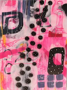 an abstract painting with pink, black and white colors on it's surface is shown