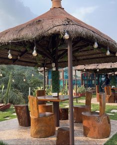 an outdoor table and chairs under a thatched umbrella in a garden area with potted plants