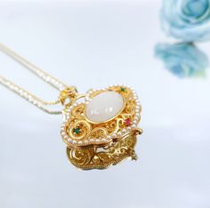 Antique Style Quartz Ruyi Locket Pendant Necklace Rectangle Face, Locket Pendant Necklace, Hetian Jade, White Quartz, Jade Pendant, Golden Globes, Locket Necklace, Antique Style, Gold Plated Sterling Silver