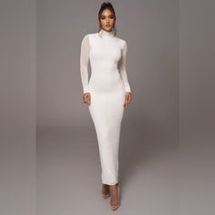 Ivory Knit Dress New With Tags White Maxi Dress For Winter Evening, White Maxi Dress For Evening In Winter, White Sweater Dress For Fall Party, White Maxi Length Bodycon Dress, White Fitted Maxi Bodycon Dress, Chic Cream Sweater Dress, Chic White Sweater Dress For Party, White Bodycon Dress For Winter, Elegant Long White Sweater Dress