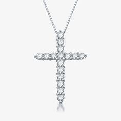 This women's cross pendant necklace adds sophisticated glamor to any outfit. Made from Sterling Silver, it features a classic design with round-cut Lab-Grown Diamonds prong set into a cross shaped pendant. Features: Certified Diamonds, Religious Jewelry, In A Gift BoxDiamond Clarity: I2-I3Jewelry Closure: Spring Ring ClaspLink Construction: SolidSetting: ProngShape: CrossStone Cut: RoundDiamond Color: G-HMetal Color: WhiteChain Length: 18 InchPendant Length: 22.2mmPendant Width: 15.8mmRounded Ca White Cubic Zirconia Crucifix Jewelry, Elegant White Crucifix Necklace, Classic Diamond White Cross Necklace For Gifts, Diamond White Diamond Cut Crucifix Necklace, Diamond White Crucifix Necklace With Diamond Cut, White Diamond Crucifix Necklace, Classic Cubic Zirconia Cross Necklace As Gift, Classic Cubic Zirconia Cross Necklace For Gift, Cubic Zirconia Crucifix Necklace For Gift