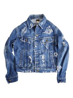 Vintage Lee Denim Trucker Jean Jacket Heavily Destroyed Distressed 20R 21W x 22L . . . Instagram @advintage_ca . . . All our items are vintage/used pieces. Although we try our best to find out all the defects and disclose them on pictures, you may find some extra flaws as it's a natural characteristics of pre-enjoyed garments. Thank you very much for your interest, message us for any inquiries. -AdvintageCA- Ripped Cotton Grunge Denim Jacket, Ripped Cotton Denim Jacket In Grunge Style, Edgy Distressed Dark Wash Denim Jacket, Distressed Dark Wash Cotton Denim Jacket, Edgy Ripped Cotton Denim Jacket, Distressed Grunge Cotton Denim Jacket, Distressed Grunge Denim Jacket For Fall, Distressed Denim Jacket In Grunge Style For Fall, Ripped Grunge Denim Jacket