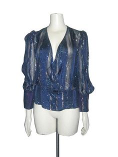 Vintage Blue Metallic Gold Striped Sheer Panels Glitter Buttoned Surplice Puff Sleeve Shoulder Pads Peplum Disco Blouse Size: N/A Pictured on a mannequin that measures 34 1/2" bust 24 1/2" waist and 35" hip  Measurements   Length: 24"  Shoulder: 14"  Bust:  17 1/2"  Waist:  14 1/2"  Bottom Opening: 18"  Sleeve Length:  23" In good used preowned vintage condition      Please contact me with any questions regarding this item Gold Stripes, Metallic Gold, Shoulder Sleeve, Shoulder Pads, Womens Clothing Tops, Puff Sleeve, Gold Metal, Blouses For Women, Bathing Beauties