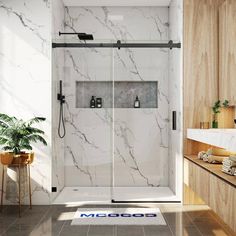 a bathroom with marble walls and flooring