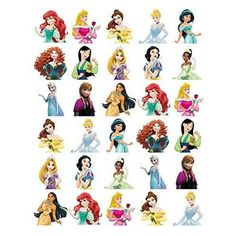 disney princesses stickers are shown in this image, with different colors and sizes