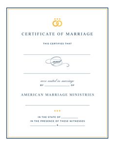 the certificate for marriage is shown in blue and gold colors, with two rings on it