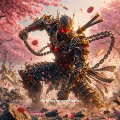 an anime character with chains on his body and arms, standing in front of cherry blossom trees