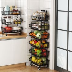 a black metal rack filled with fruits and vegetables