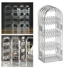 three different types of jewelry racks with multiple compartments and one is open to show the contents