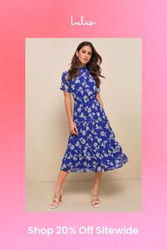 Get a lovely look for an evening out with the Lulus Floral Dressed Up Royal Blue Floral Print Midi Dress! Elegant cream and black floral print embellished lightweight woven chiffon as it forms a mock neck (with back button closure), sheer decolletage and short sleeves, and a darted bodice. Elastic waist tops a tiered skirt that flows to a modest midi length. Pair with strappy heels and a clutch for the perfect date night 'fit! Fit: This garment fits true to size. Length: Mid-calf length. Size medium measures 47" from shoulder to hem. Bust: Great for any cup size. Waist: Fitted - elastic waist allows stretch. Hip: Not Fitted - room for hips. Undergarments: May be worn with a strapless bra, adhesive bra, petals, or no bra. Fabric: Fabric has no stretch. Lined. Shell: 100% Polyester. Lining: Floral Print Maxi Dress For Cocktail, Chic Chiffon Floral Print Dress, Chic Chiffon Dresses With Floral Print, Floral Print Chiffon Dress For Date Night, Floral Print Midi Dress For Cocktail, Floral Print Midi Length Evening Dresses, Floral Print Short Sleeve Chiffon Party Dress, Floral Print Short Sleeve Chiffon Dress For Party, Chic Floral Chiffon Dress With Short Sleeves