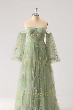 floral embroidered green tulle A-line long formal dress with long sleeves Long Sleeve Tulle Dress With Floral Embroidery, Long Sleeve Floral Embroidered Tulle Dress, Homecoming Dresses For Teens, Floral Tulle Dress, Flower Prom Dress, Embroidery Tulle, Green Tulle, V Dress, Tulle Homecoming Dress