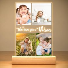 three photos with the words we love you mama and two children in them on a wooden stand