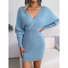 Season:Winter,Fall; Fabric:Knit; Sleeve Length:Long Sleeve; Look After Me:Hand wash; Gender:Women's; Style:Casual,Knitwear,Fashion,Daily,Warm; Elasticity:Micro-elastic; Occasion:Daily,Casual,Going out,Outdoor; Fit Type:Regular Fit; Dresses Type:Jumper Dress,Winter Dress,Casual Dress,Knit Dress,Bodycon,Sheath Dress,Sweater Dress; Pattern:Pure Color; Design:Ruched; Neckline:V Neck,Surplice Neck; Front page:FF; Listing Date:09/06/2023; Production mode:External procurement; 2024 Trends:2023; Bust:; Surplice Sweater, Bodycon Sweater, Bodycon Sweater Dress, Dolman Sleeve Sweater, Pencil Skirt Dress, Picture Style, Purple Mini Dresses, Surplice Neckline, Body Con Dress