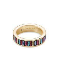 Whether you stack it or let it stand alone, the Jack Gold Band Ring in Multi Crystal is made for the spotlight, defined by its baguette crystals with high shine. ,Metal14k Yellow Gold Over Brass MaterialJewel Tone Mix Size0.23W Please note: Due to the one-of-a-kind nature of the medium, exact colors and patterns may vary slightly from the image shown. Shop the Winter Collection} | Kendra Scott Jack Gold Band Ring in Multi Crystal | Nano Gem/Cubic Zirconia Gold Band Ring, Silver Band Ring, Kendra Scott Jewelry, 14k Gold Ring, Brass Material, Jewel Tones, Pricing Jewelry, Gold Band, Blue Crystals